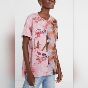 DESIGUAL Pink Faded Love Design Patches Artsy Bohemian T-shirt Blouse Medium